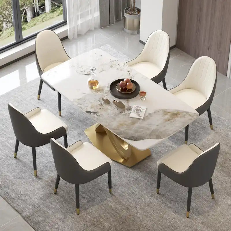 Table de salle à manger contemporaine en marbre avec base géométrique dorée