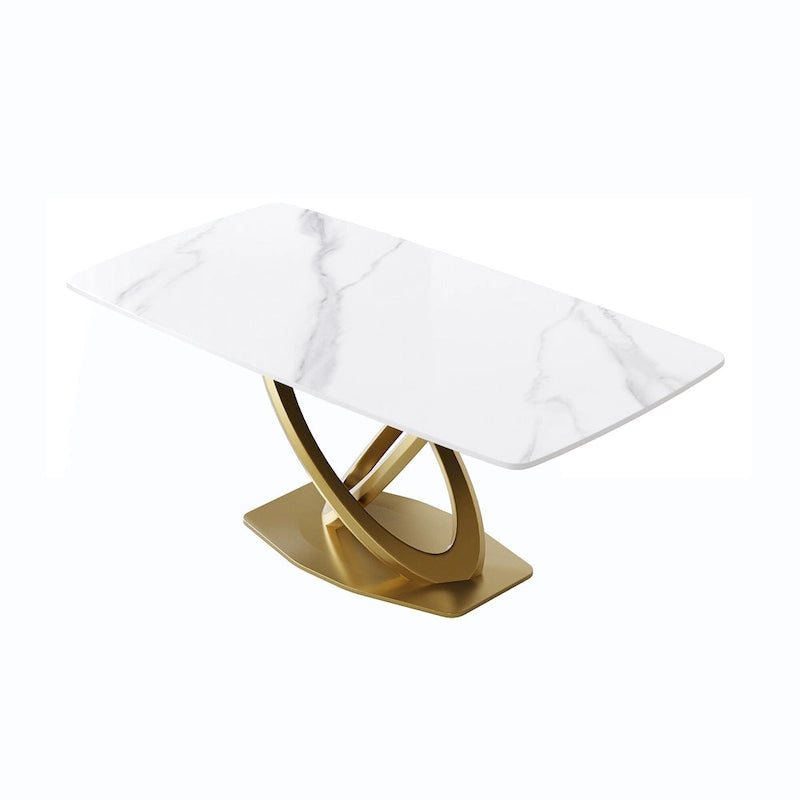 Table de salle à manger contemporaine en marbre avec base géométrique dorée
