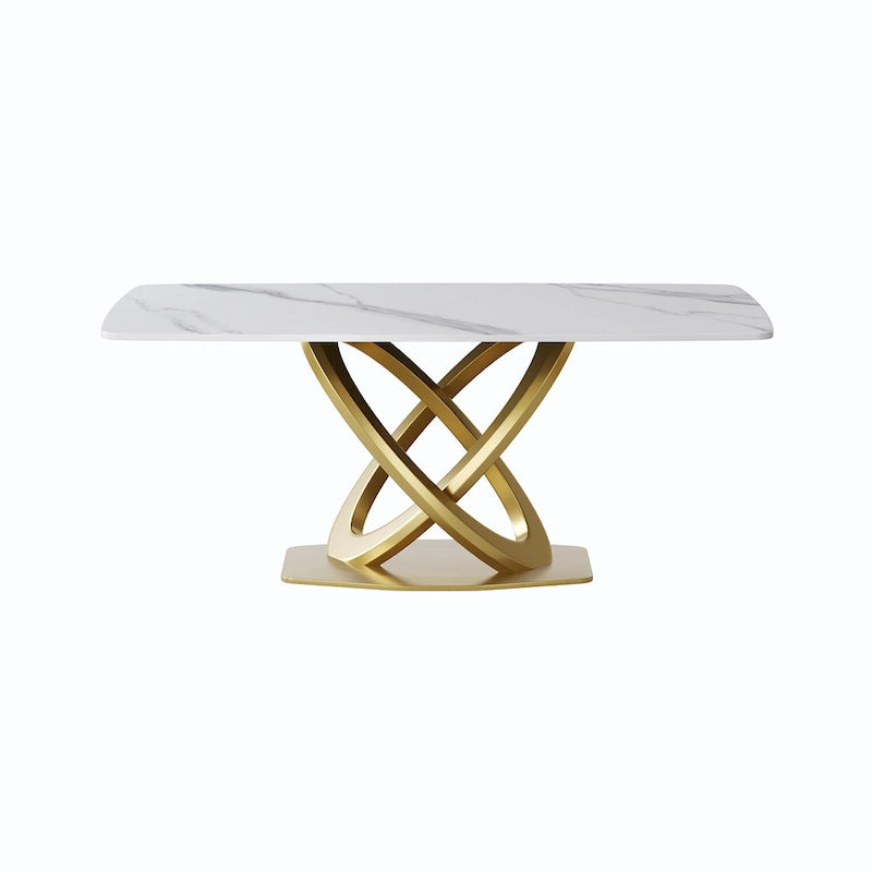 Table de salle à manger contemporaine en marbre avec base géométrique dorée