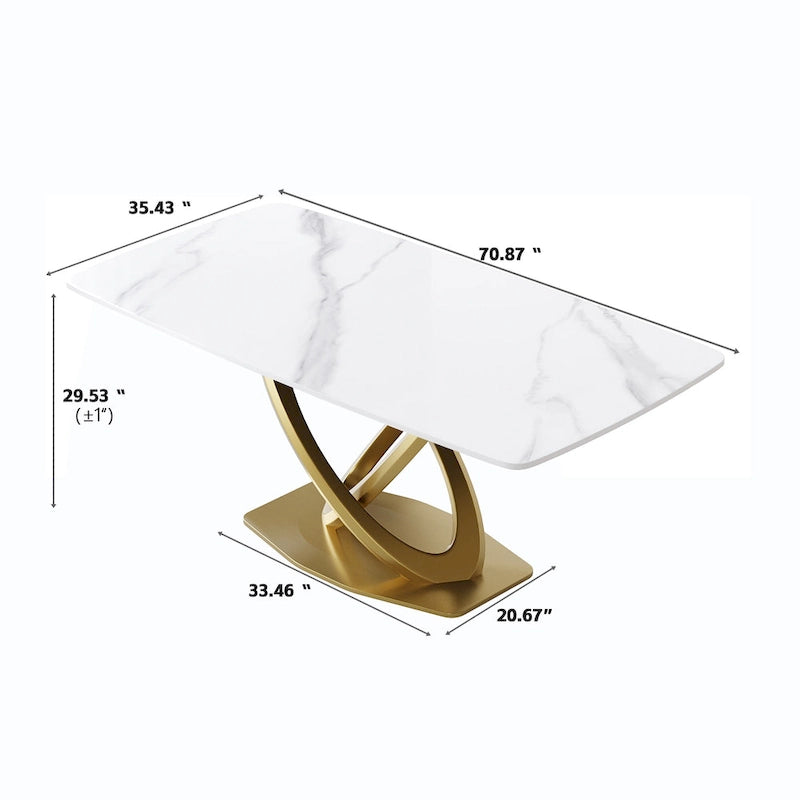 Table de salle à manger contemporaine en marbre avec base géométrique dorée