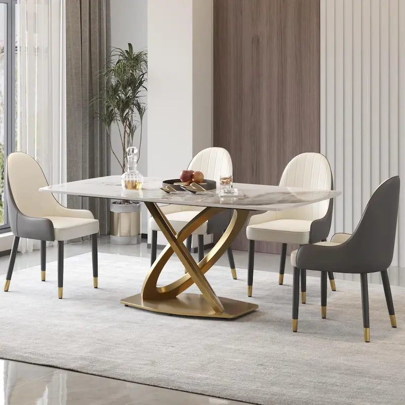 Table de salle à manger contemporaine en marbre avec base géométrique dorée