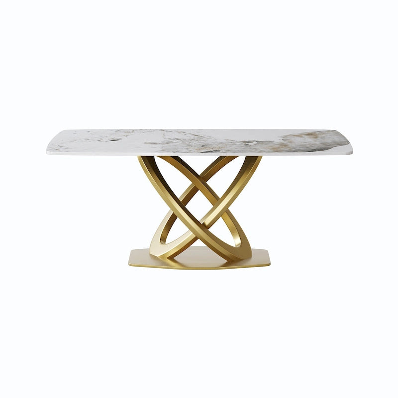Table de salle à manger contemporaine en marbre avec base géométrique dorée