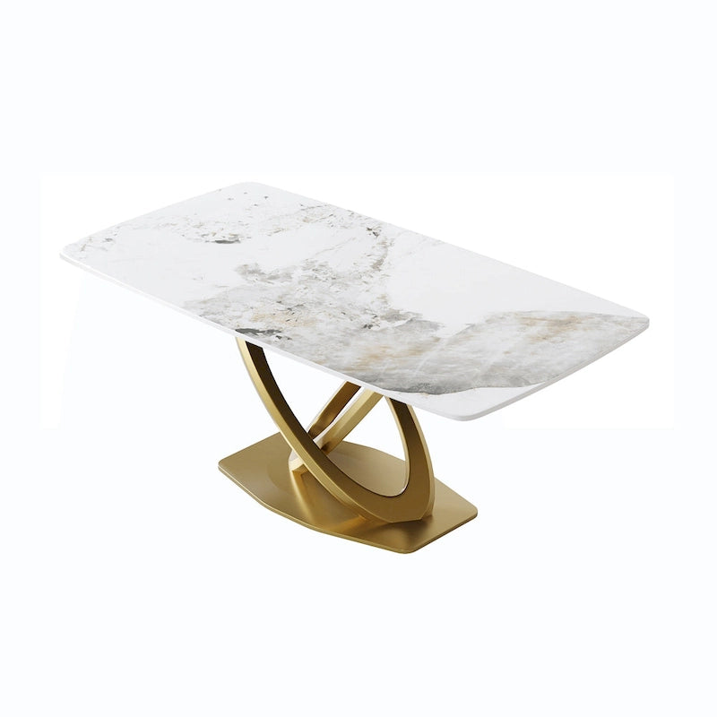 Table de salle à manger contemporaine en marbre avec base géométrique dorée
