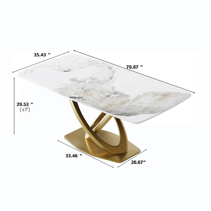 Table de salle à manger contemporaine en marbre avec base géométrique dorée