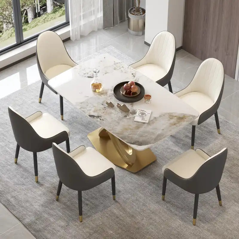 Table de salle à manger contemporaine en marbre avec base géométrique dorée