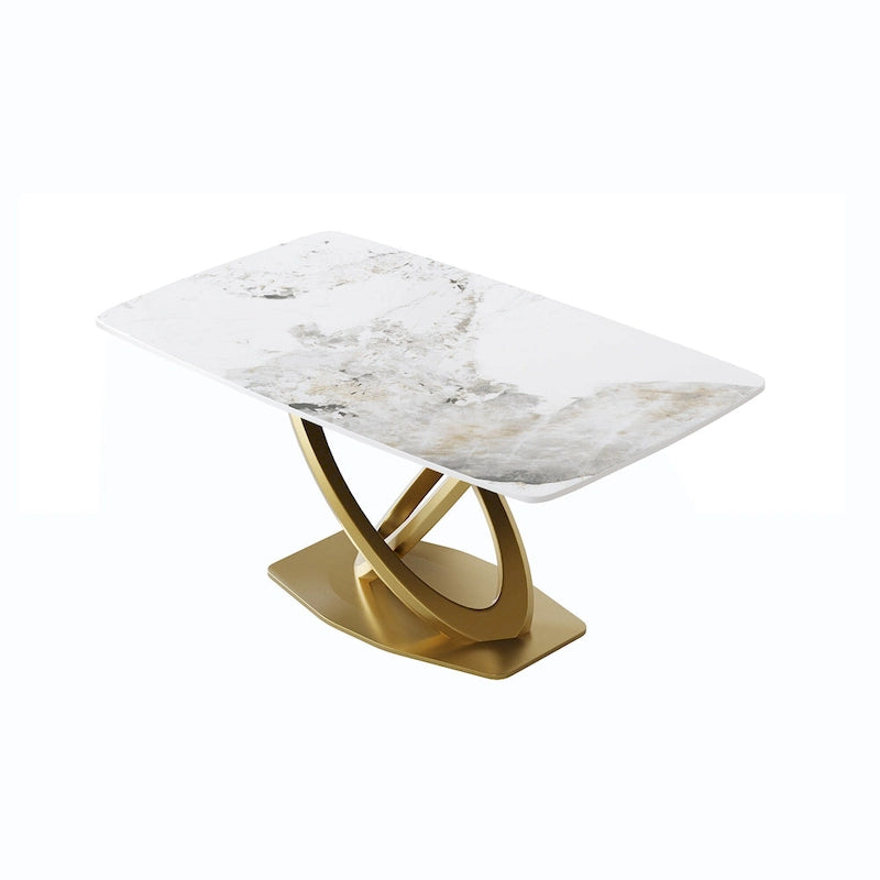 Table de salle à manger contemporaine en marbre avec base géométrique dorée