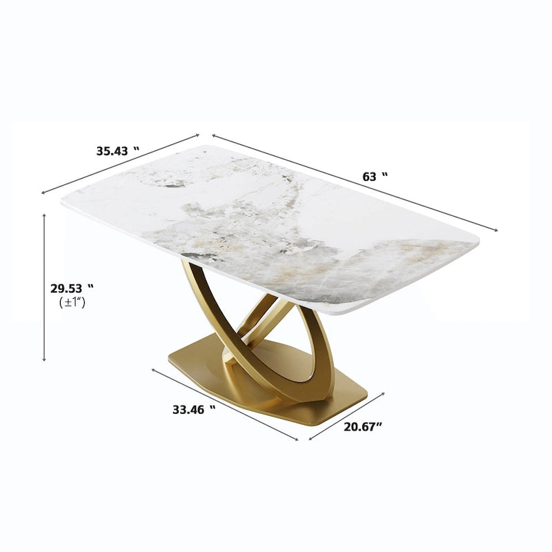 Table de salle à manger contemporaine en marbre avec base géométrique dorée