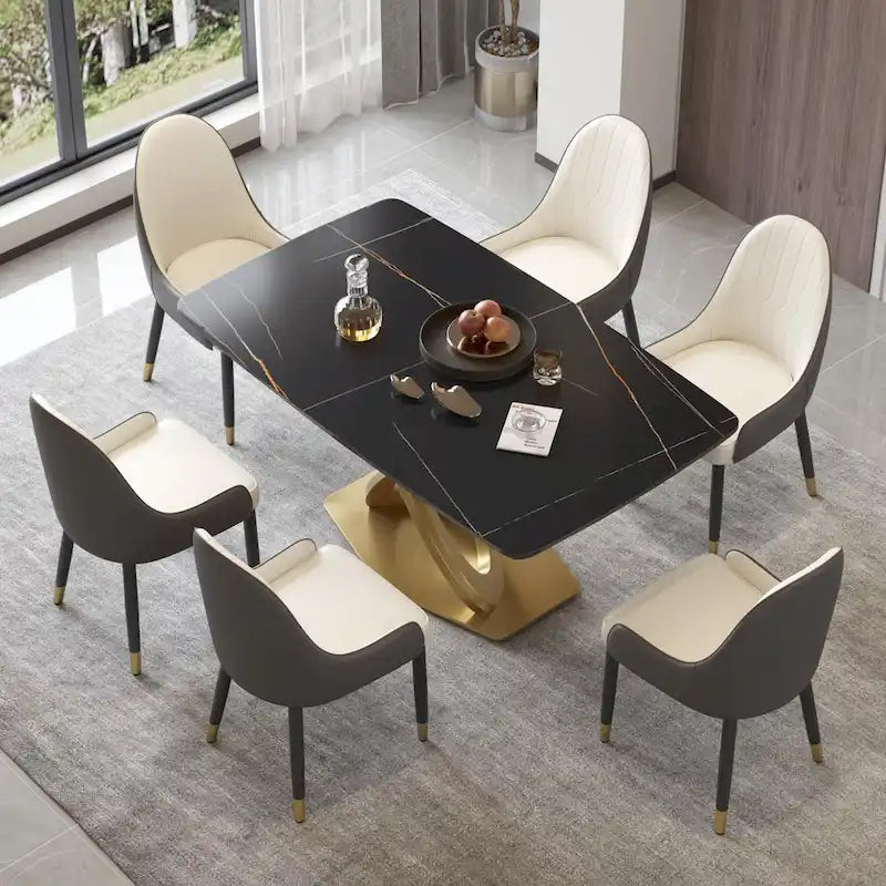 Table de salle à manger contemporaine en marbre avec base géométrique dorée