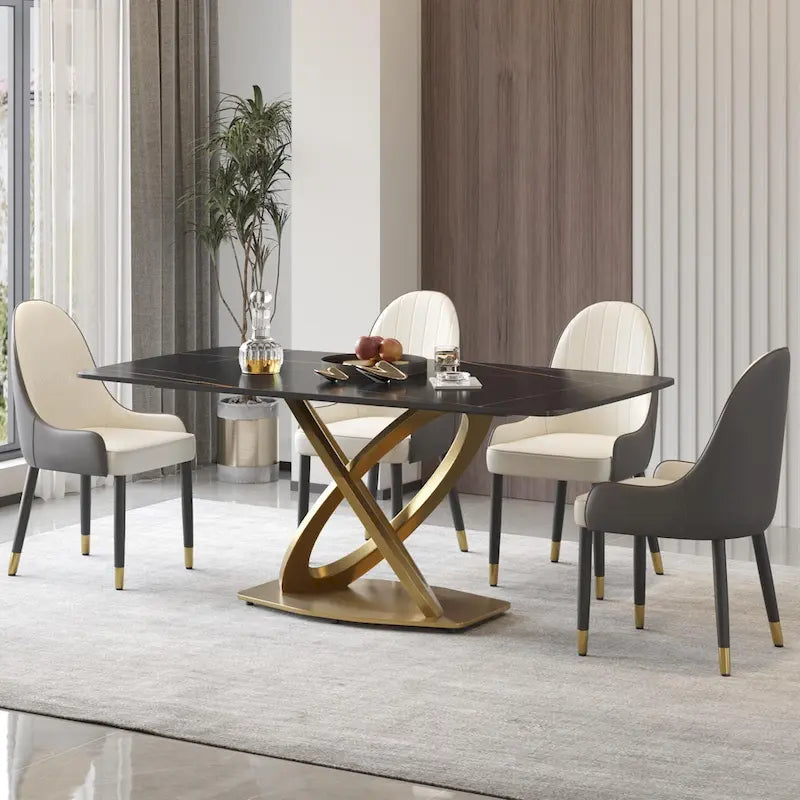 Table de salle à manger contemporaine en marbre avec base géométrique dorée