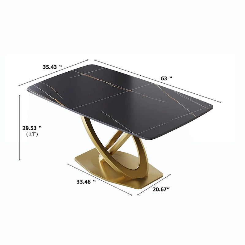 Table de salle à manger contemporaine en marbre avec base géométrique dorée