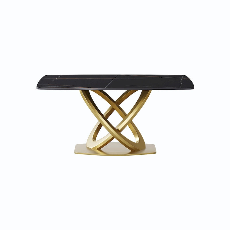 Table de salle à manger contemporaine en marbre avec base géométrique dorée