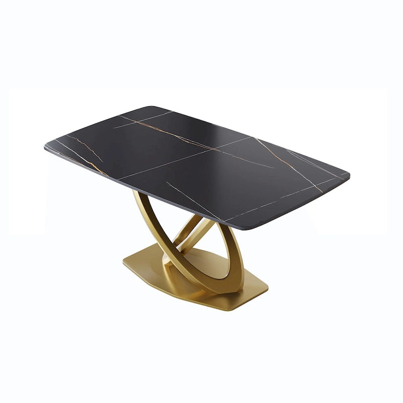 Table de salle à manger contemporaine en marbre avec base géométrique dorée