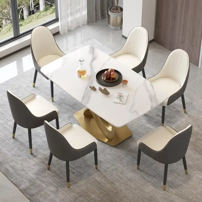 Table de salle à manger contemporaine en marbre avec base géométrique dorée