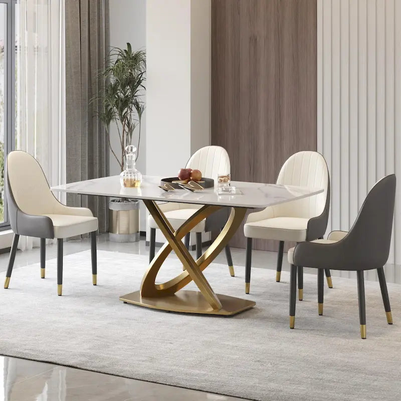 Table de salle à manger contemporaine en marbre avec base géométrique dorée
