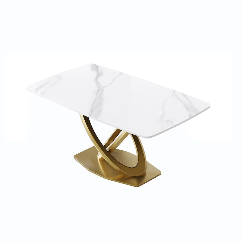 Table de salle à manger contemporaine en marbre avec base géométrique dorée