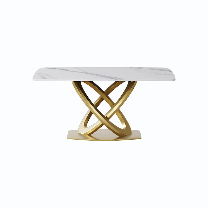 Table de salle à manger contemporaine en marbre avec base géométrique dorée