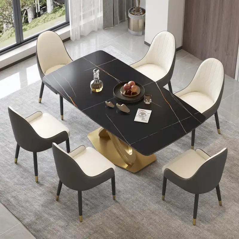 Table de salle à manger contemporaine en marbre avec base géométrique dorée