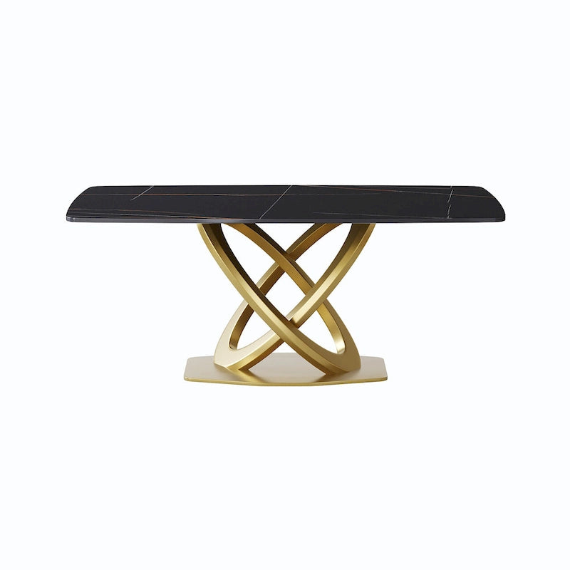 Table de salle à manger contemporaine en marbre avec base géométrique dorée
