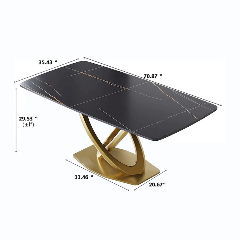 Table de salle à manger contemporaine en marbre avec base géométrique dorée