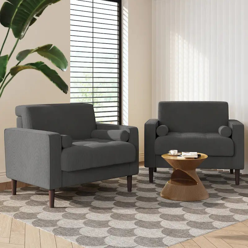Fauteuil large moderne en velours côtelé, lot de 2, avec traversins