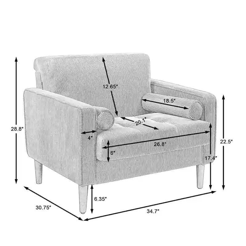 Fauteuil large moderne en velours côtelé, lot de 2, avec traversins