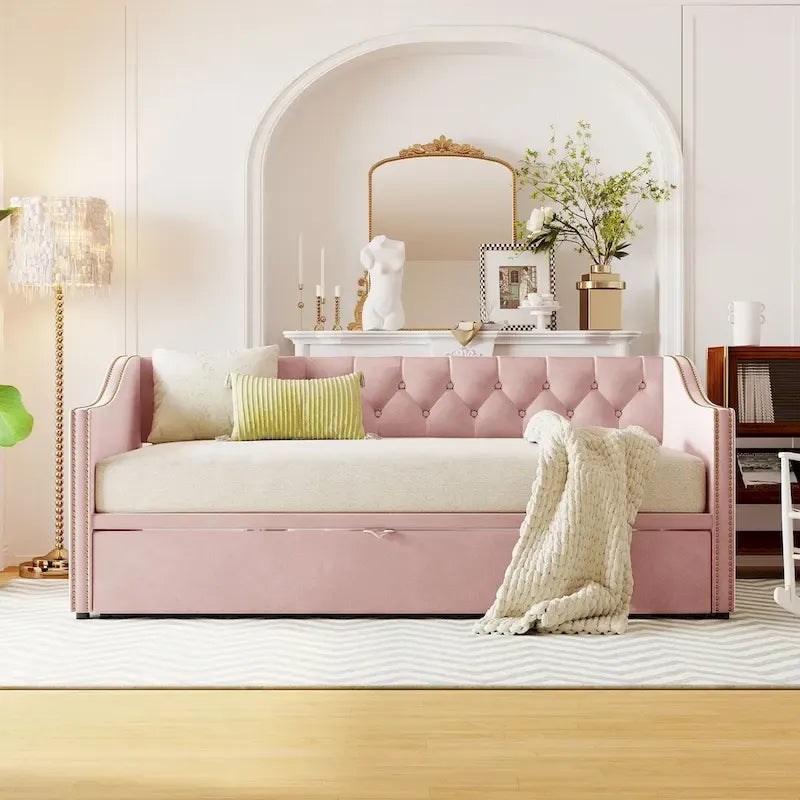 Lit de repos capitonné taille double avec lit gigogne relevable, Rose