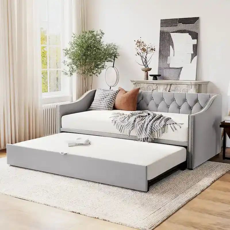 Lit de repos capitonné taille double avec lit gigogne relevable, Rose