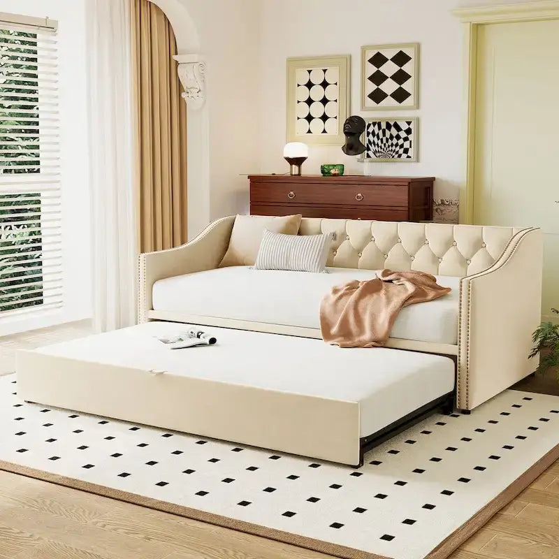 Lit de repos capitonné taille double avec lit gigogne relevable, Rose