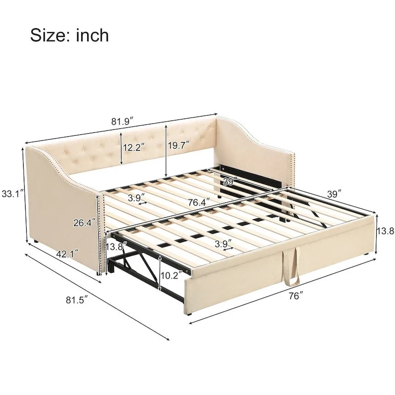 Lit de repos capitonné taille double avec lit gigogne relevable, Rose