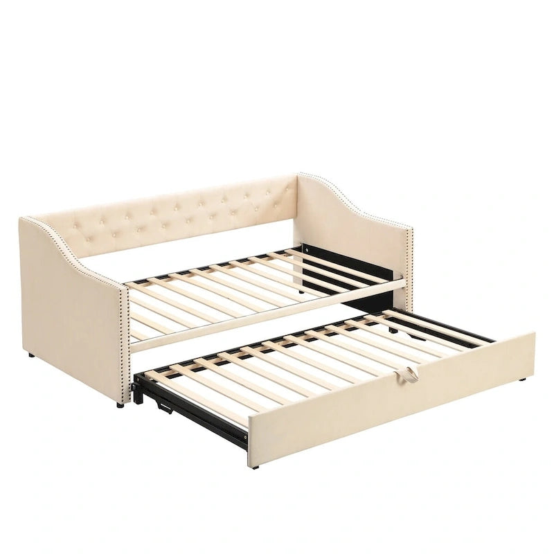 Lit de repos capitonné taille double avec lit gigogne relevable, Rose