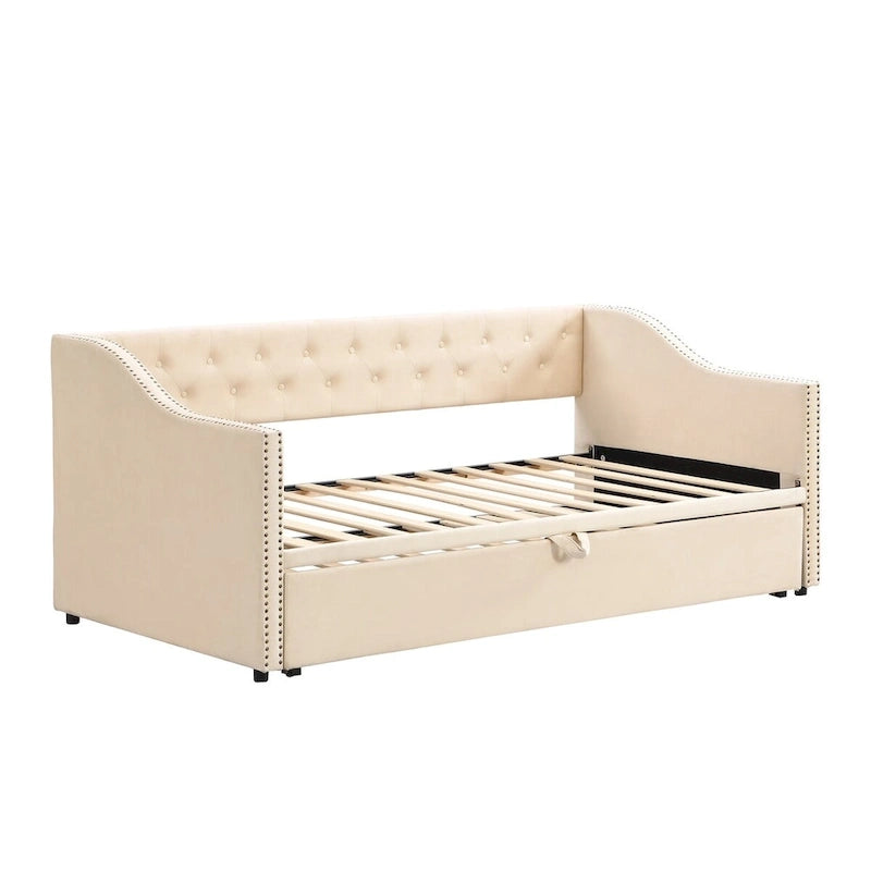 Lit de repos capitonné taille double avec lit gigogne relevable, Rose