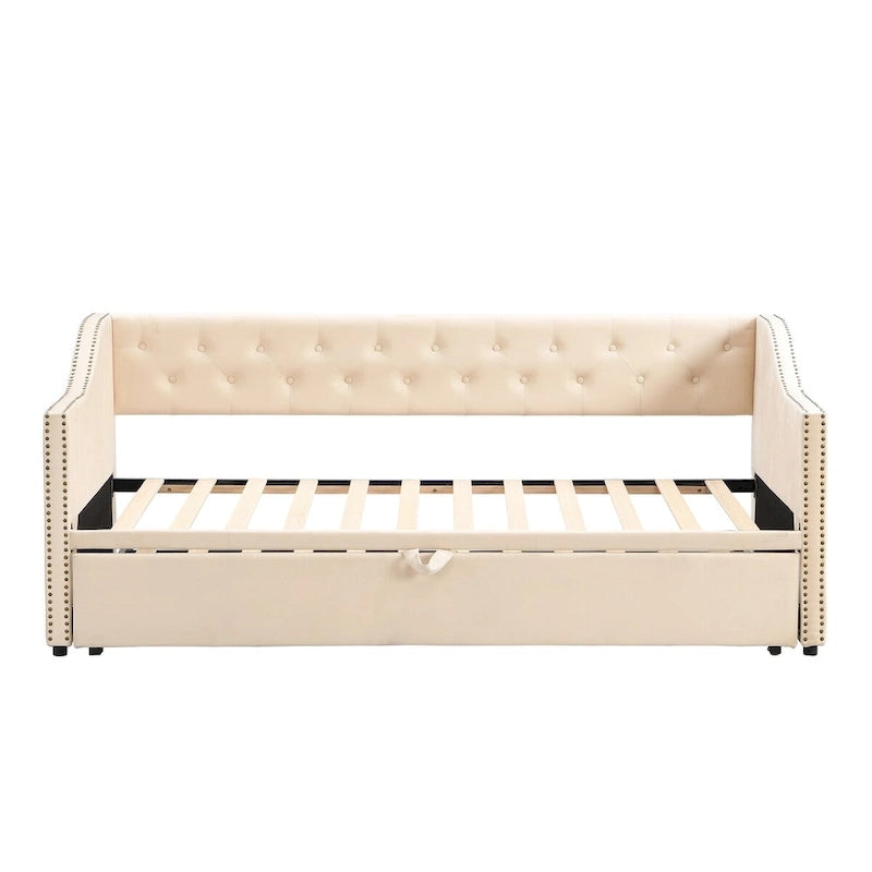 Lit de repos capitonné taille double avec lit gigogne relevable, Rose