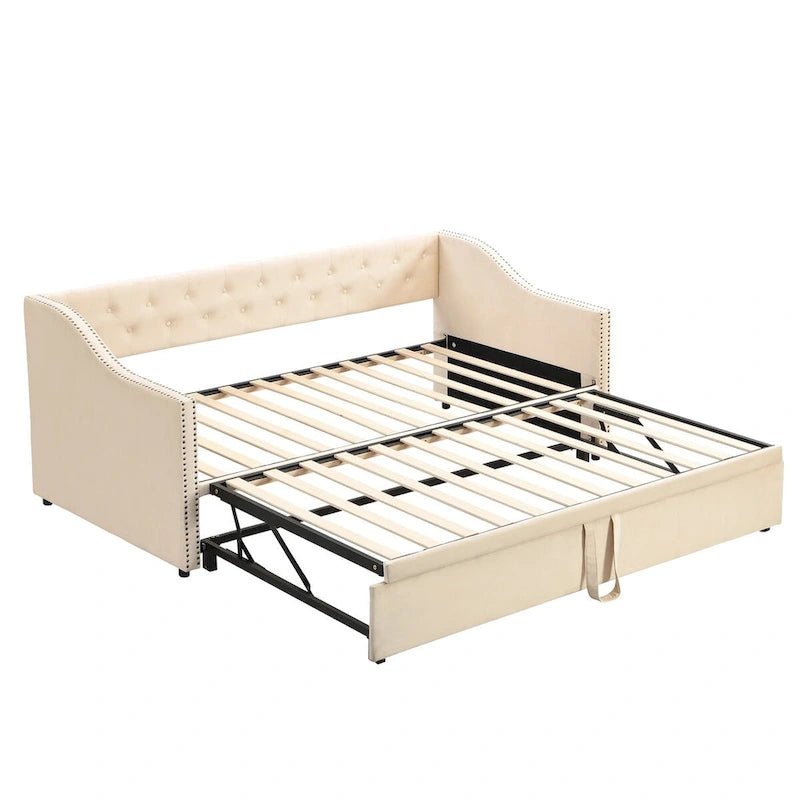 Lit de repos capitonné taille double avec lit gigogne relevable, Rose