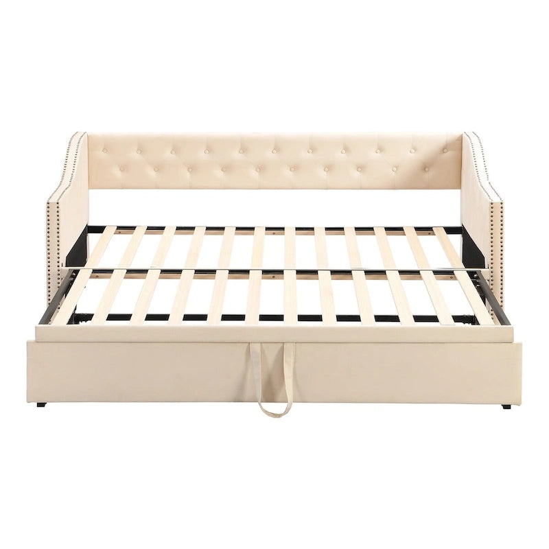 Lit de repos capitonné taille double avec lit gigogne relevable, Rose