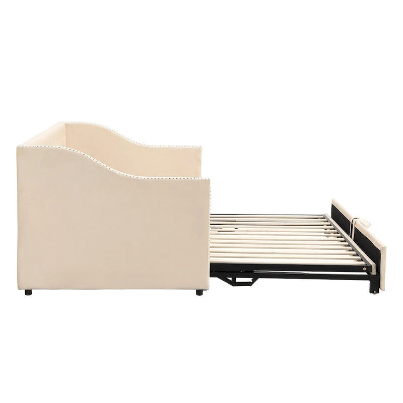 Lit de repos capitonné taille double avec lit gigogne relevable, Rose