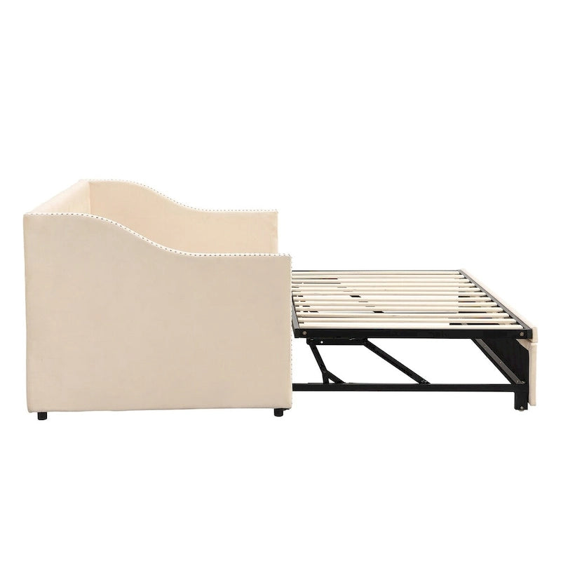 Lit de repos capitonné taille double avec lit gigogne relevable, Rose