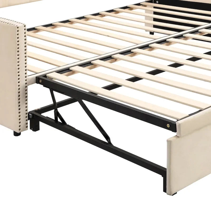 Lit de repos capitonné taille double avec lit gigogne relevable, Rose