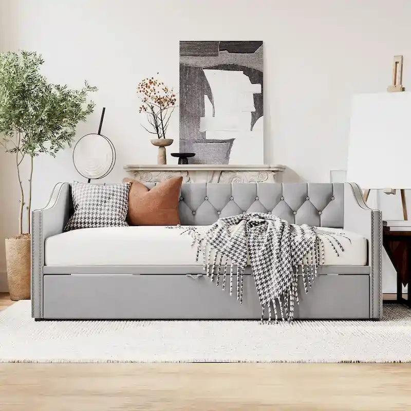 Lit de repos capitonné taille double avec lit gigogne relevable, Rose