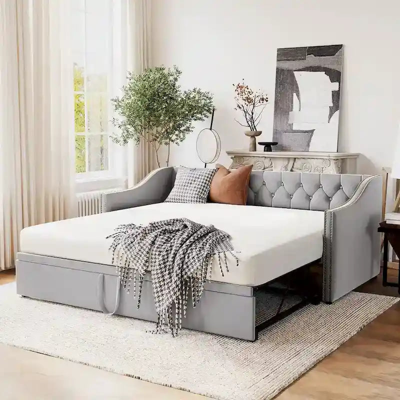 Lit de repos capitonné taille double avec lit gigogne relevable, Rose