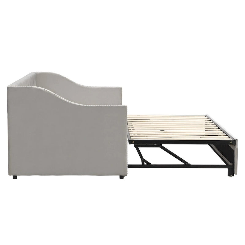 Lit de repos capitonné taille double avec lit gigogne relevable, Rose