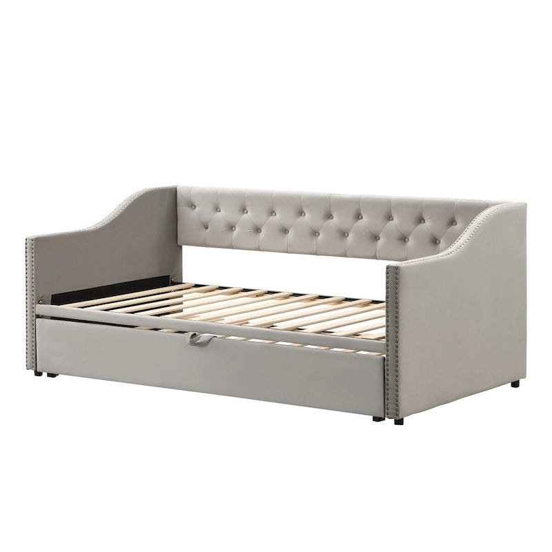 Lit de repos capitonné taille double avec lit gigogne relevable, Rose