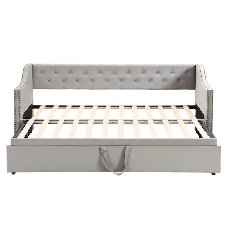 Lit de repos capitonné taille double avec lit gigogne relevable, Rose