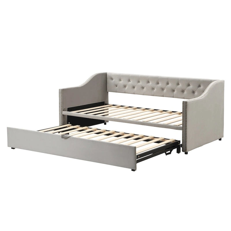 Lit de repos capitonné taille double avec lit gigogne relevable, Rose