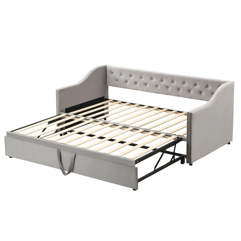Lit de repos capitonné taille double avec lit gigogne relevable, Rose