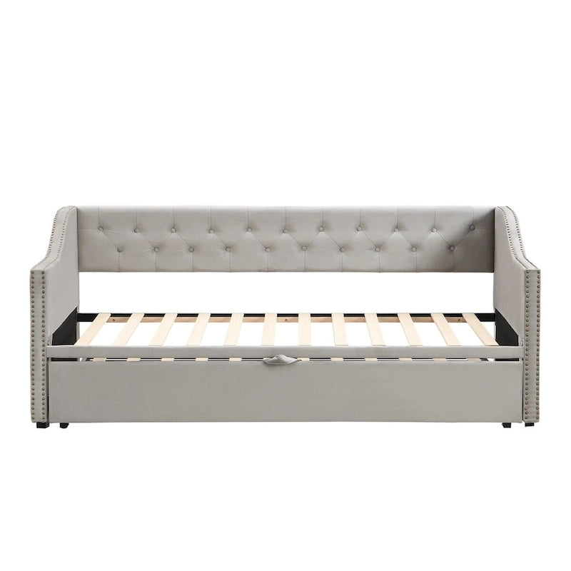 Lit de repos capitonné taille double avec lit gigogne relevable, Rose