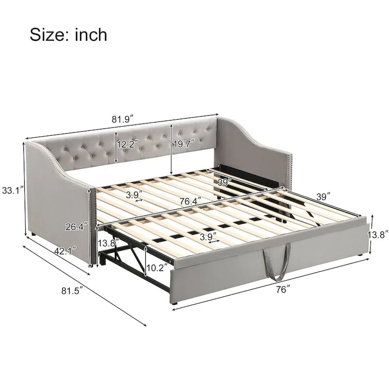 Lit de repos capitonné taille double avec lit gigogne relevable, Rose