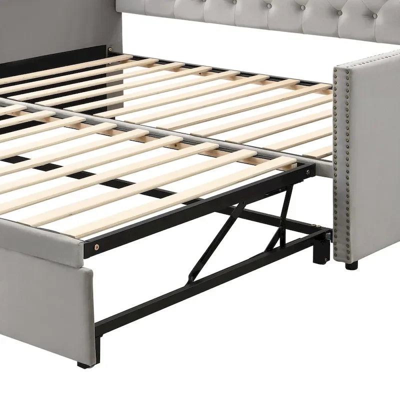 Lit de repos capitonné taille double avec lit gigogne relevable, Rose