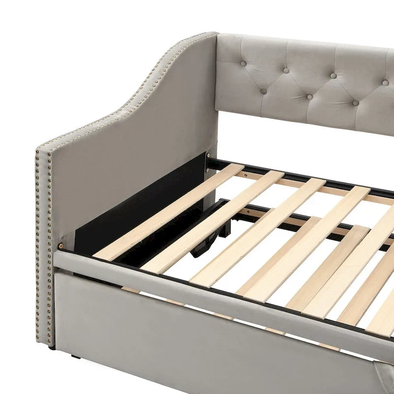 Lit de repos capitonné taille double avec lit gigogne relevable, Rose