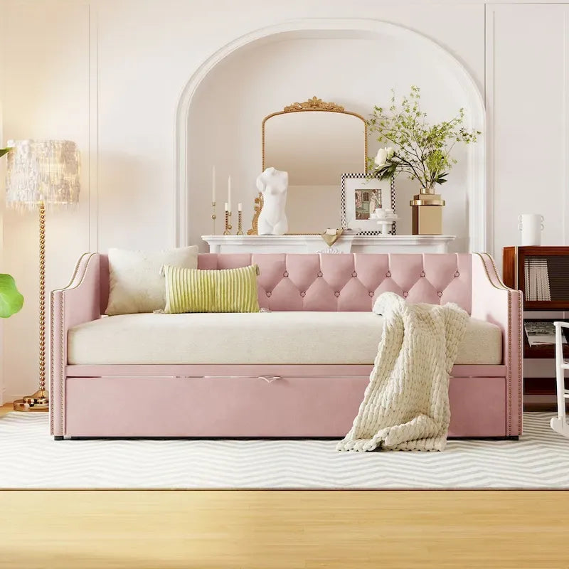 Lit de repos capitonné taille double avec lit gigogne relevable, Rose