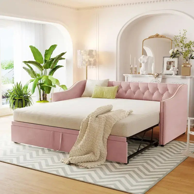 Lit de repos capitonné taille double avec lit gigogne relevable, Rose
